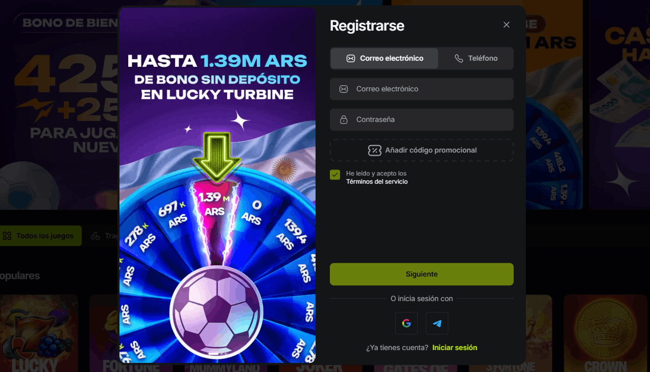 Pantalla de registro en Aguero Juegos — formulario con campo de código promo 